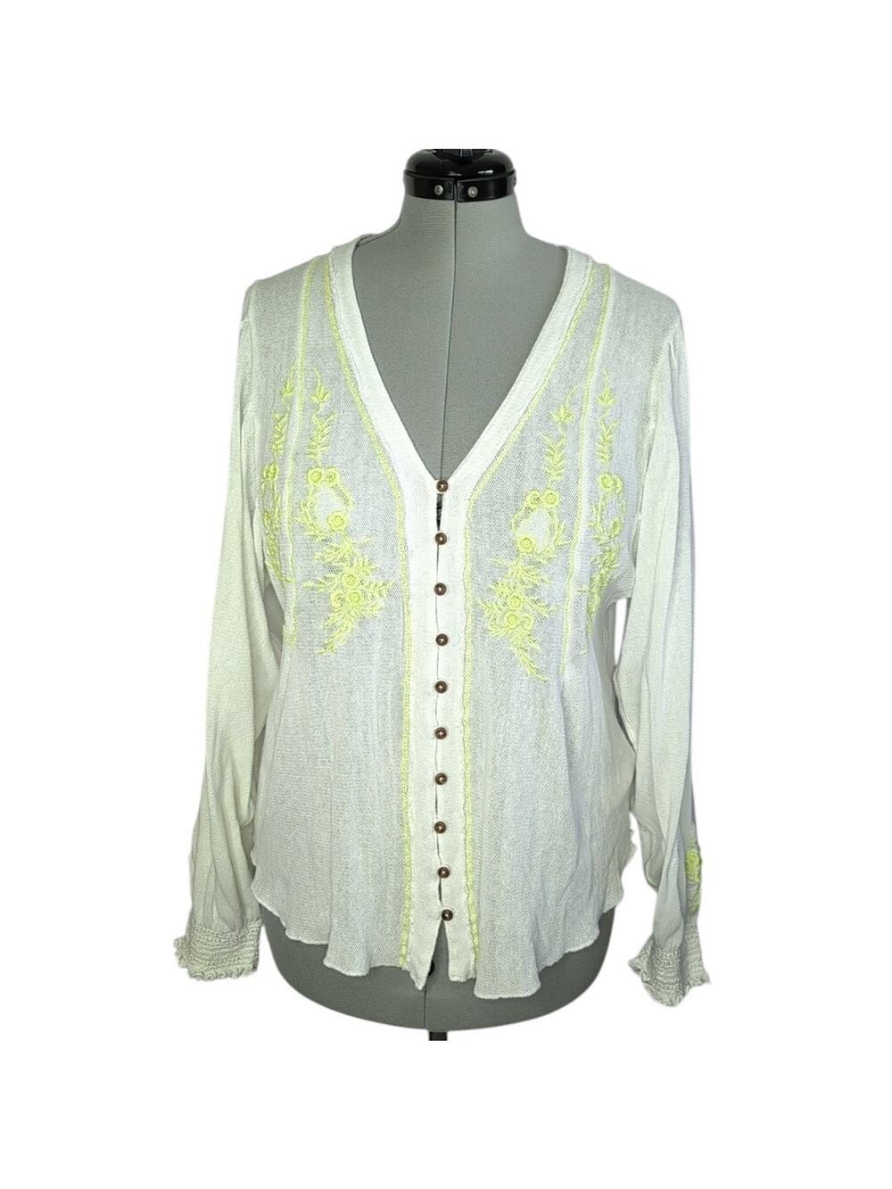 Free People Margie Embroidered Cotton Cardigan Sweater w/Balloon Sleeves, size S
